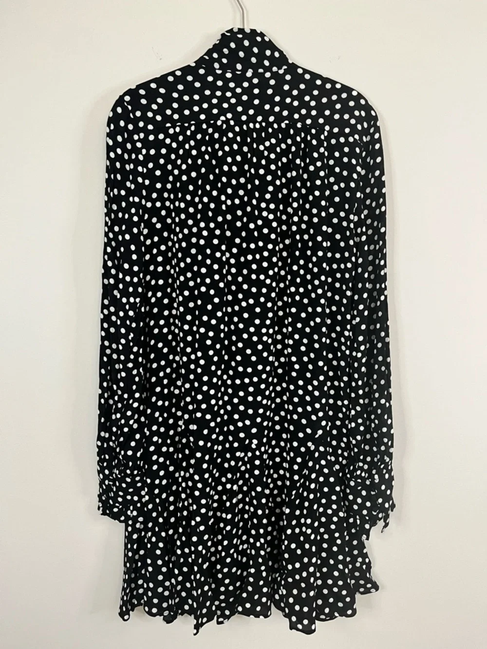 Anthropologie Polka Dot Tie-Neck Swing Mini Dress Black White S Ruffle Chic